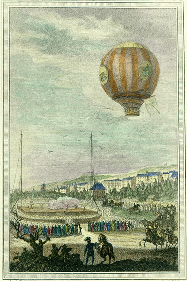 Montgolfier balloon in ascent over Lyon. 1784.